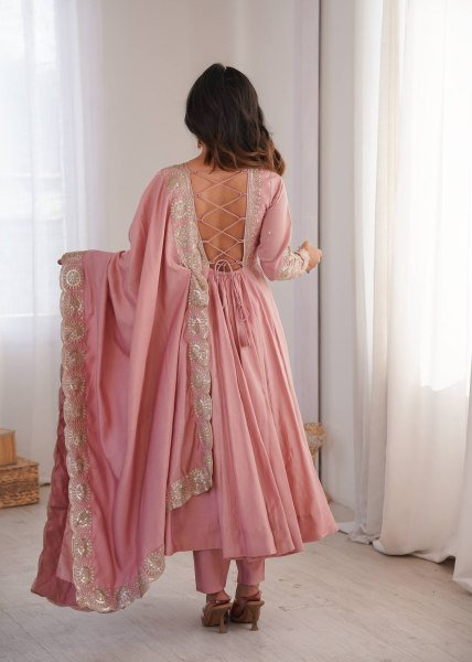 Groundbreaking Pink Roman Silk Embroidered Gown Pant Dupatta Set for Women Ready To Wear Collection