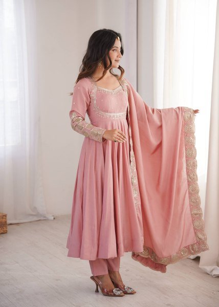 Groundbreaking Pink Roman Silk Embroidered Gown Pant Dupatta Set for Women Ready To Wear Collection