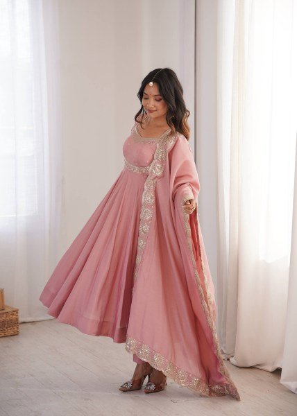 Groundbreaking Pink Roman Silk Embroidered Gown Pant Dupatta Set for Women Ready To Wear Collection