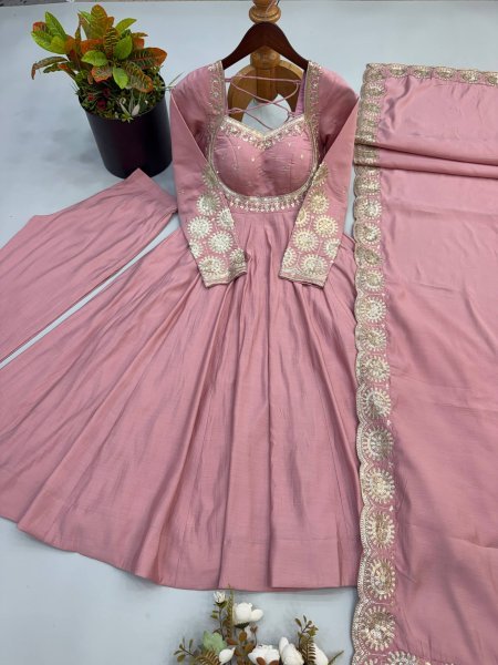 Groundbreaking Pink Roman Silk Embroidered Gown Pant Dupatta Set for Women Ready To Wear Collection