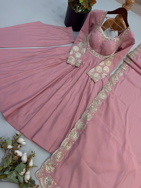 Groundbreaking Pink Roman Silk Embroidered Gown Pant Dupatta Set for Women Ready To Wear Collection