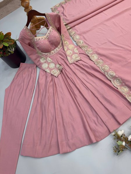 Groundbreaking Pink Roman Silk Embroidered Gown Pant Dupatta Set for Women Ready To Wear Collection