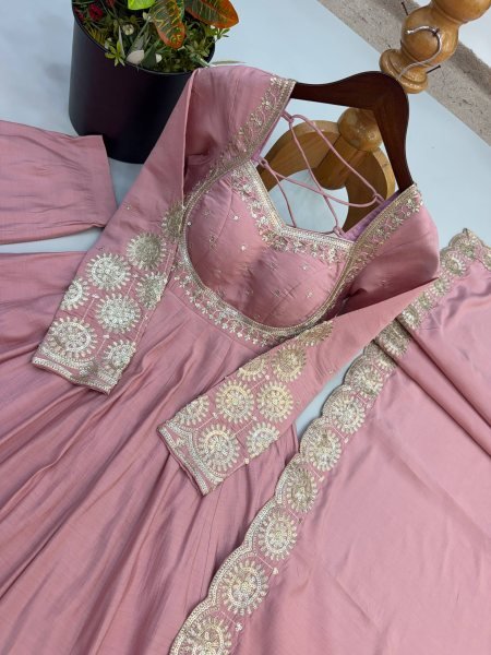 Groundbreaking Pink Roman Silk Embroidered Gown Pant Dupatta Set for Women Ready To Wear Collection