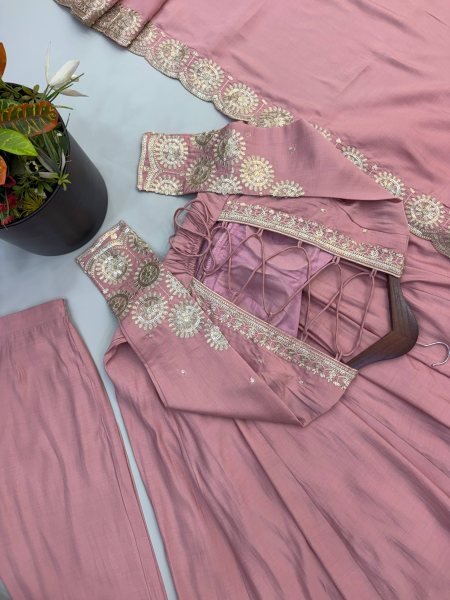 Groundbreaking Pink Roman Silk Embroidered Gown Pant Dupatta Set for Women Ready To Wear Collection