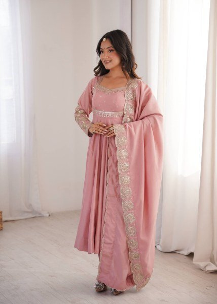 Groundbreaking Pink Roman Silk Embroidered Gown Pant Dupatta Set for Women Ready To Wear Collection