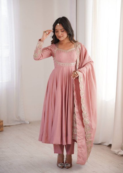 Groundbreaking Pink Roman Silk Embroidered Gown Pant Dupatta Set for Women Ready To Wear Collection