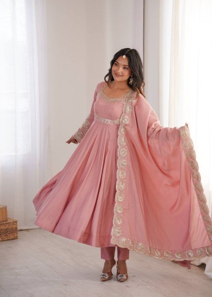 Groundbreaking Pink Roman Silk Embroidered Gown Pant Dupatta Set for Women Ready To Wear Collection