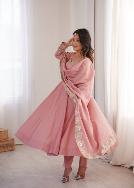 Groundbreaking Pink Roman Silk Embroidered Gown Pant Dupatta Set for Women Ready To Wear Collection