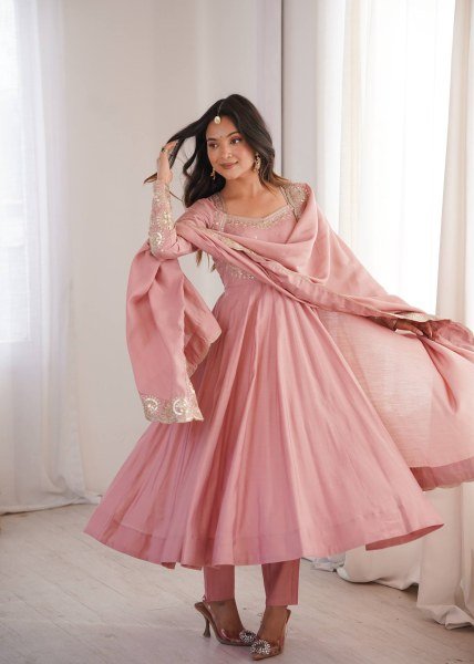 Groundbreaking Pink Roman Silk Embroidered Gown Pant Dupatta Set for Women Ready To Wear Collection