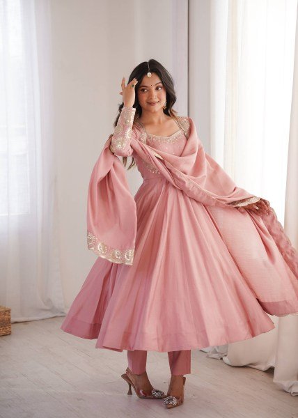 Groundbreaking Pink Roman Silk Embroidered Gown Pant Dupatta Set for Women Ready To Wear Collection