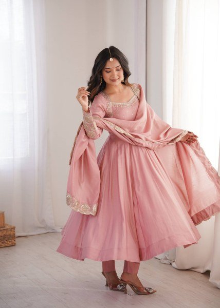 Groundbreaking Pink Roman Silk Embroidered Gown Pant Dupatta Set for Women Ready To Wear Collection