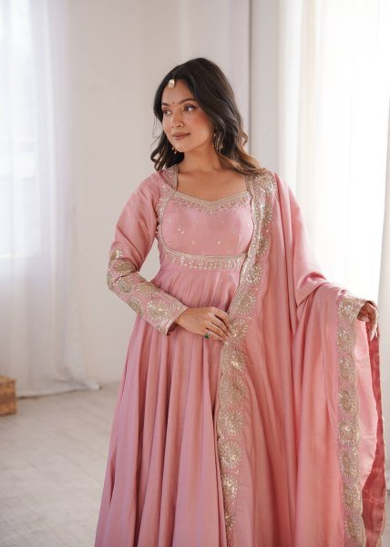 Groundbreaking Pink Roman Silk Embroidered Gown Pant Dupatta Set for Women Ready To Wear Collection