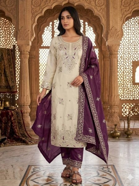 Groundbreaking Purple Embroidered GMY Silk Suit for Festive and Wedding Functions Ready To Wear Suit