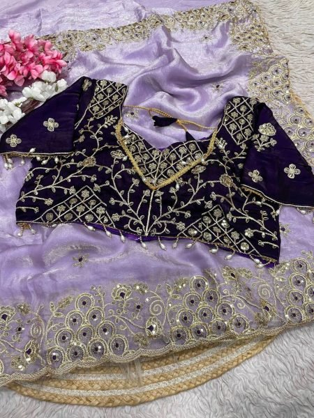 Groundbreaking Purple Fendy Satin Silk Saree with Sequins Butti Pallu For Wedding 