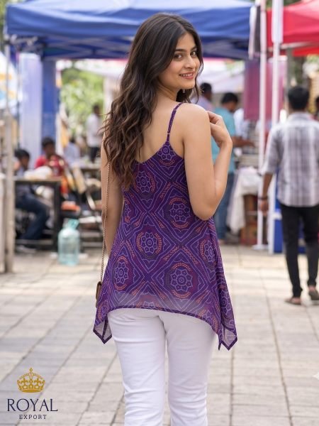Groundbreaking Deep Purple Soft Georgette Bandhani Print Kurti with Up Down Design Tunics kurti