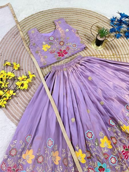 Groundbreaking Purple Soft Sindur Silk Lehenga Choli with Sequins Embroidery for Wedding Wear Girls Wear