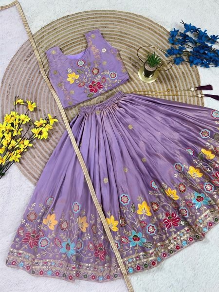 Groundbreaking Purple Soft Sindur Silk Lehenga Choli with Sequins Embroidery for Wedding Wear Girls Wear