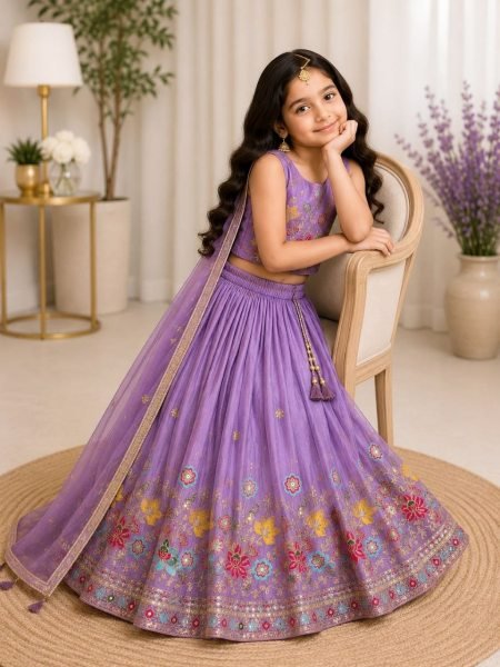 Groundbreaking Purple Soft Sindur Silk Lehenga Choli with Sequins Embroidery for Wedding Wear Girls Wear