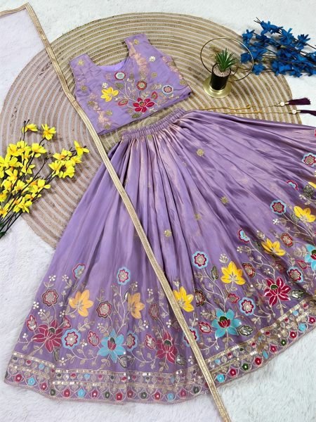 Groundbreaking Purple Soft Sindur Silk Lehenga Choli with Sequins Embroidery for Wedding Wear Girls Wear