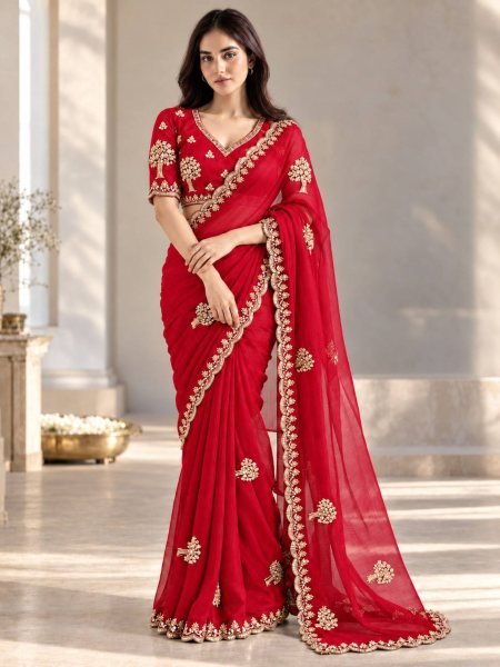 Groundbreaking Red Chiffon Satin Silk Saree with Sequin Cutdana Work at Wholesale Rate