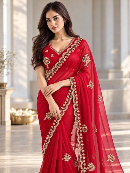 Groundbreaking Red Chiffon Satin Silk Saree with Sequin Cutdana Work at Wholesale Rate Pure Chiffon Sarees Wholesale