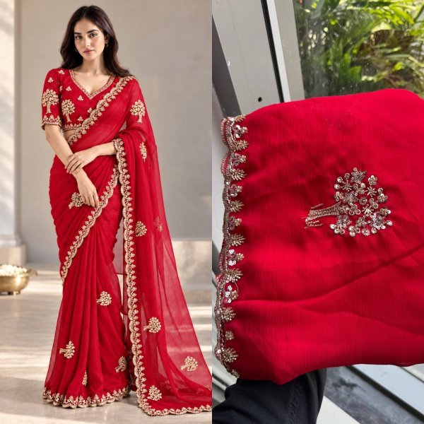 Groundbreaking Red Chiffon Satin Silk Saree with Sequin Cutdana Work at Wholesale Rate Pure Chiffon Sarees Wholesale