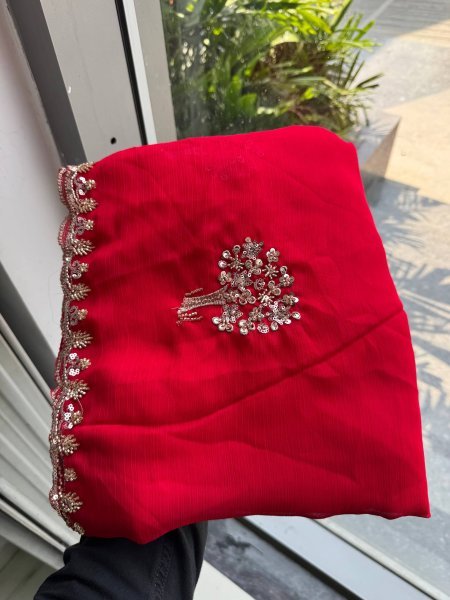 Groundbreaking Red Chiffon Satin Silk Saree with Sequin Cutdana Work at Wholesale Rate Pure Chiffon Sarees Wholesale