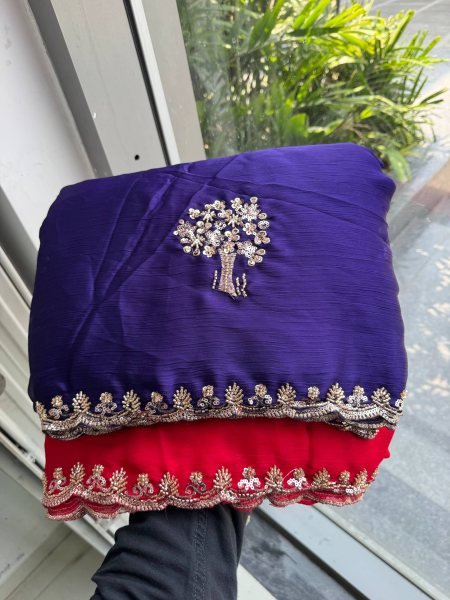 Groundbreaking Red Chiffon Satin Silk Saree with Sequin Cutdana Work at Wholesale Rate Pure Chiffon Sarees Wholesale