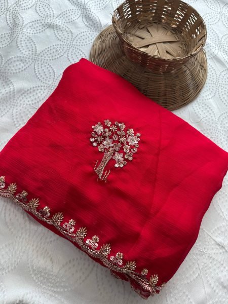 Groundbreaking Red Chiffon Satin Silk Saree with Sequin Cutdana Work at Wholesale Rate Pure Chiffon Sarees Wholesale