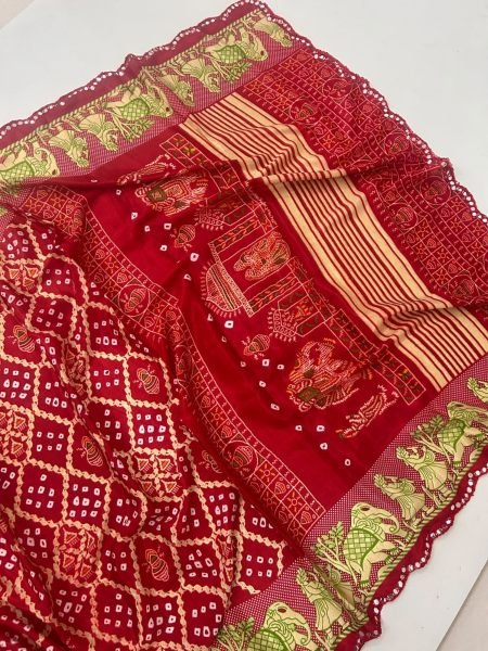 Groundbreaking Red Moss Chiffon Bandhani Saree with Running Blouse 