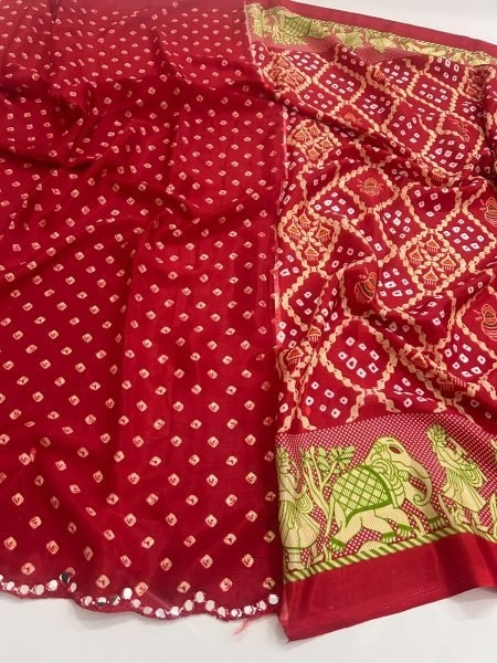 Groundbreaking Red Moss Chiffon Bandhani Saree with Running Blouse Pure Chiffon Sarees Wholesale