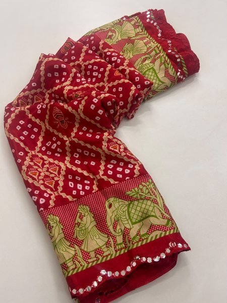 Groundbreaking Red Moss Chiffon Bandhani Saree with Running Blouse Pure Chiffon Sarees Wholesale