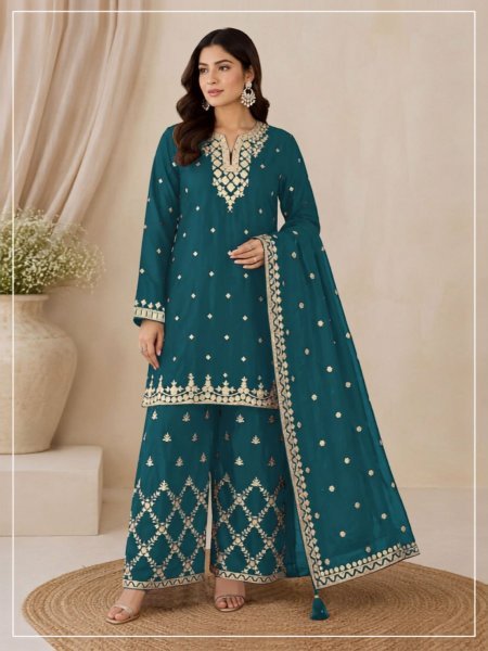 Groundbreaking Teal Blue Boutique Style Heavy Chinon Semi Stitched Suit For Wedding 