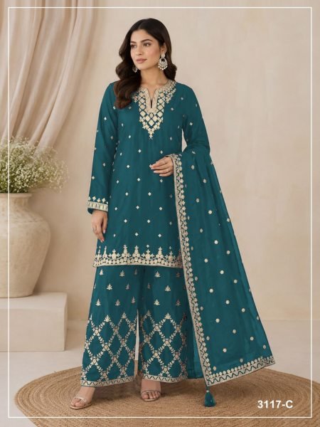 Groundbreaking Teal Blue Boutique Style Heavy Chinon Semi Stitched Suit For Wedding Designer Plazzo Salwar Suits Wholesale