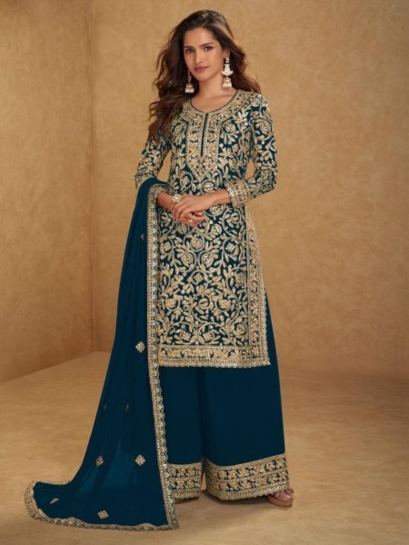 Groundbreaking Teal Green Real Georgette Plazzo Suit for Reception and Celebration Wear Salwar Kameez