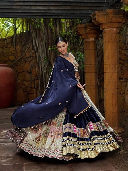Groundbreaking White Blue Navratri Muslin Cotton Lehenga Choli with Real Mirror Work and Lampi Lace at Factory Price 
