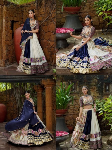 Groundbreaking White Blue Navratri Muslin Cotton Lehenga Choli with Real Mirror Work and Lampi Lace at Factory Price Navratri Lehnega Choli