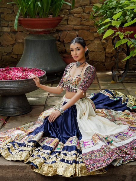 Groundbreaking White Blue Navratri Muslin Cotton Lehenga Choli with Real Mirror Work and Lampi Lace at Factory Price Navratri Lehnega Choli