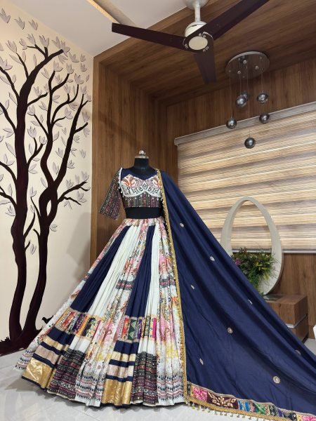 Groundbreaking White Blue Navratri Muslin Cotton Lehenga Choli with Real Mirror Work and Lampi Lace at Factory Price Navratri Lehnega Choli