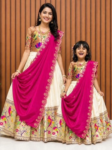 Groundbreaking White Boutique Style Girls Paithani Silk Lehenga with Heavy Zari Weaving Border Mom-Doughter Collection