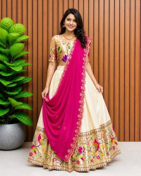 Groundbreaking White Boutique Style Girls Paithani Silk Lehenga with Heavy Zari Weaving Border Mom-Doughter Collection