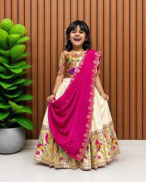 Groundbreaking White Boutique Style Girls Paithani Silk Lehenga with Heavy Zari Weaving Border Mom-Doughter Collection