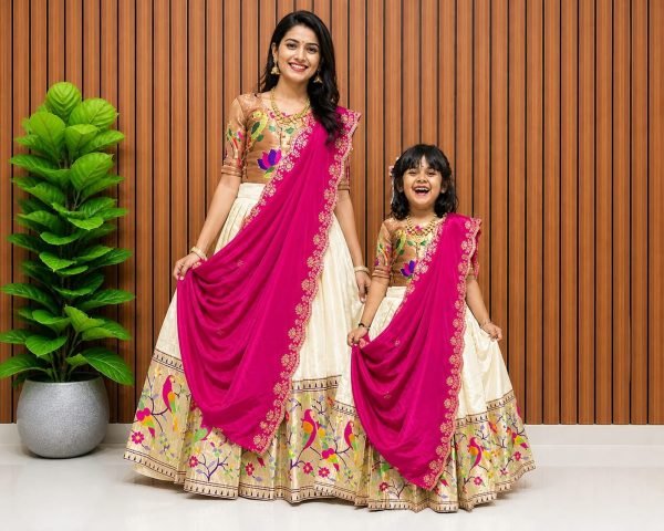 Groundbreaking White Boutique Style Girls Paithani Silk Lehenga with Heavy Zari Weaving Border Mom-Doughter Collection