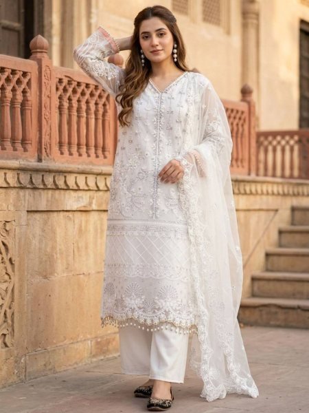 Groundbreaking White Soft Net Kurti with Butter Silk Palazzo and Premium Dupatta 