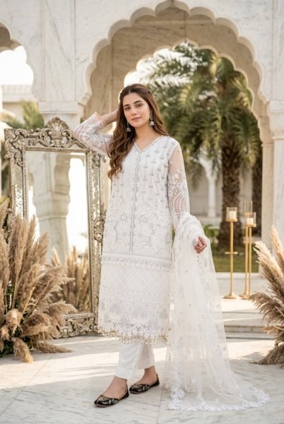 Groundbreaking White Soft Net Kurti with Butter Silk Palazzo and Premium Dupatta Ready To Wear Collection