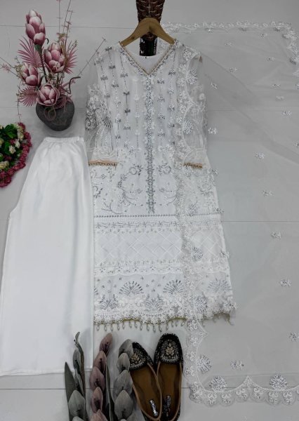 Groundbreaking White Soft Net Kurti with Butter Silk Palazzo and Premium Dupatta Ready To Wear Collection
