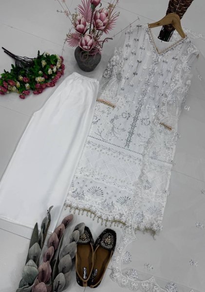 Groundbreaking White Soft Net Kurti with Butter Silk Palazzo and Premium Dupatta Ready To Wear Collection