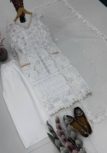 Groundbreaking White Soft Net Kurti with Butter Silk Palazzo and Premium Dupatta Ready To Wear Collection