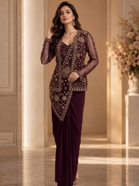 Groundbreaking Wine Designer Imported Lycra Saree with Beaded Blouse at Wholesale Rate 