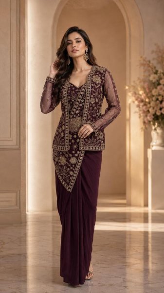 Groundbreaking Wine Designer Imported Lycra Saree with Beaded Blouse at Wholesale Rate Ready To Wear Saree 